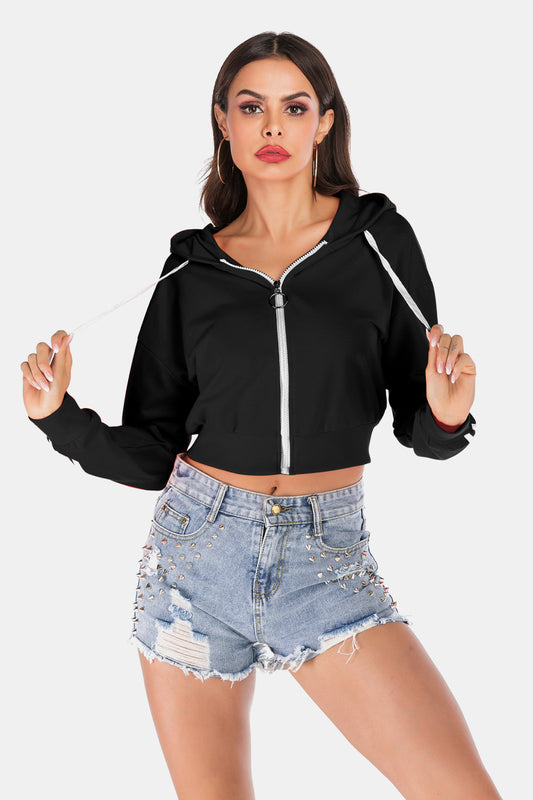 Perfee Side Stripe Drawstring Cropped Hooded Jacket