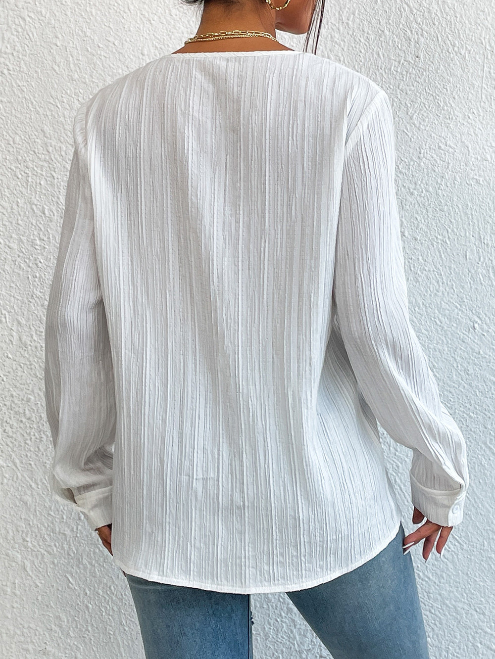 Ivy Lane Lace Trim V-Neck Long Sleeve Shirt