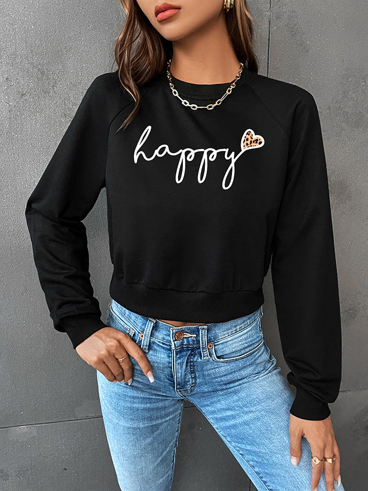 Perfee Raglan Sleeve HAPPY Graphic Sweatshirt