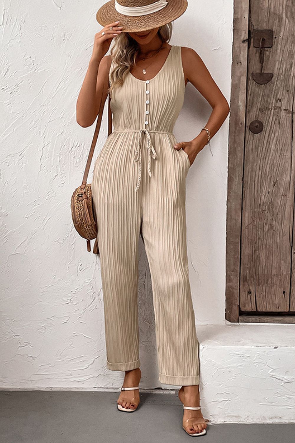 Perfee Textured Sleeveless Jumpsuit with Pockets