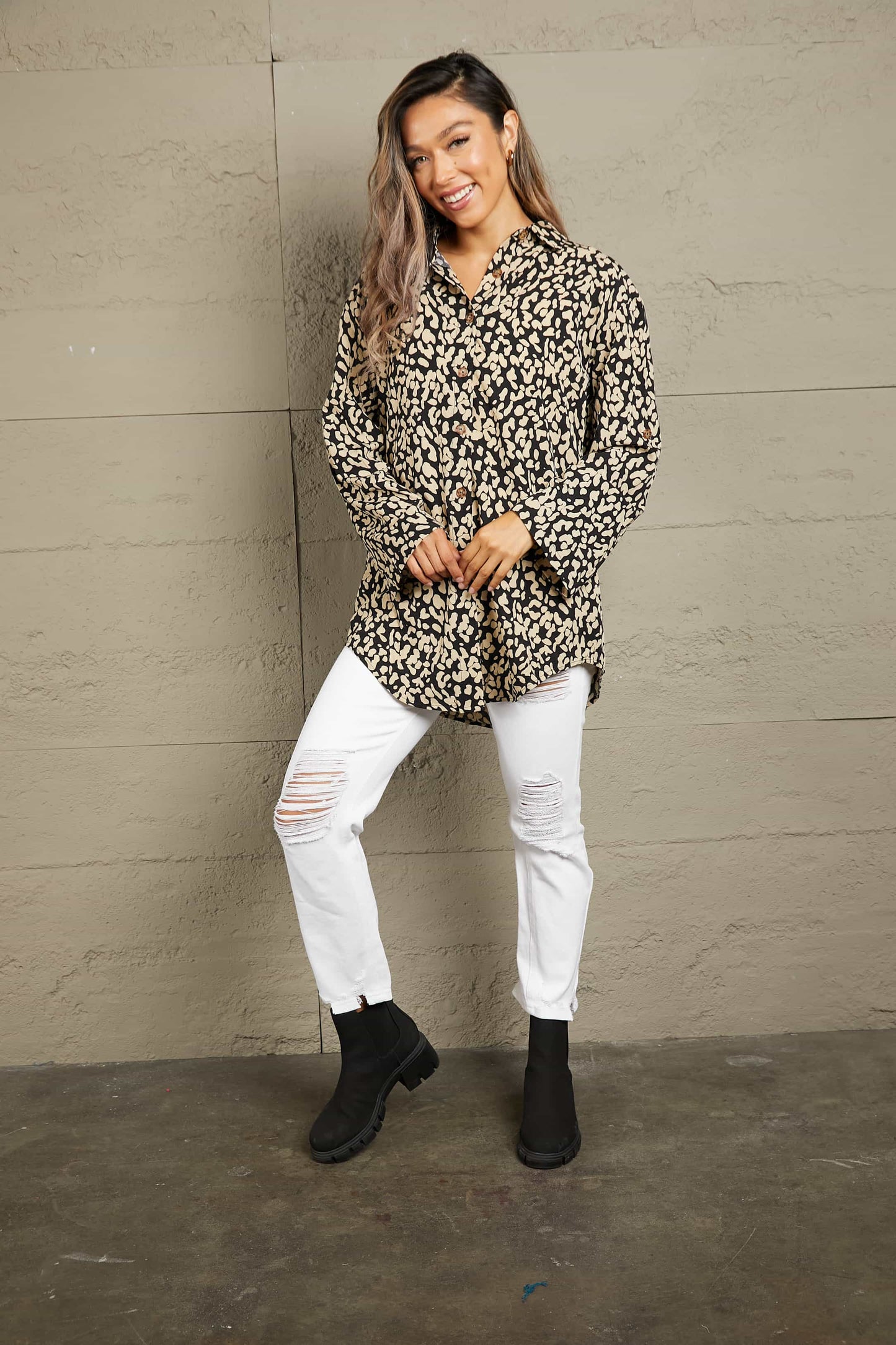 Ivy Lane Leopard Roll-Tap Sleeve Shirt