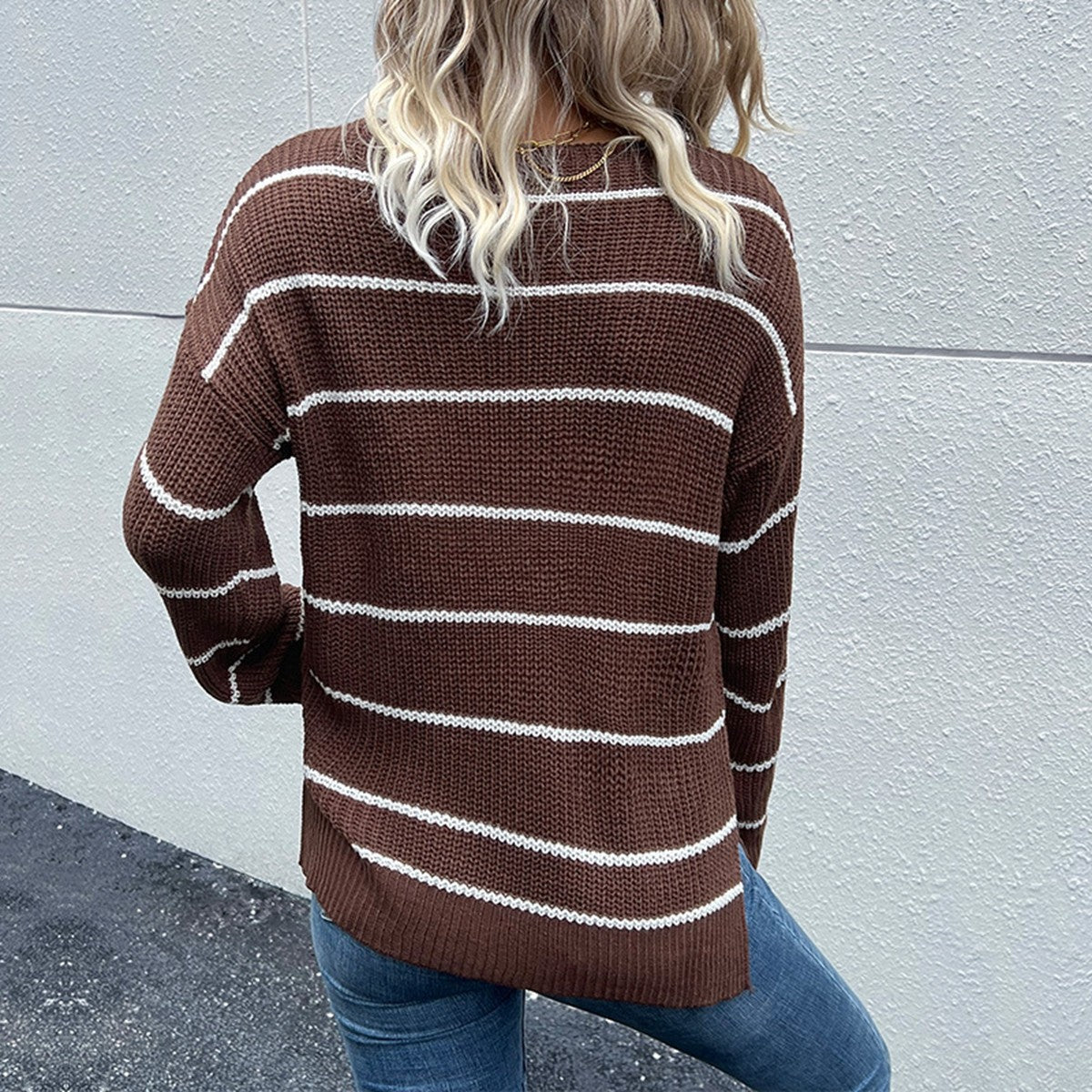 Perfee Striped V-Neck Slit Dropped Shoulder Sweater