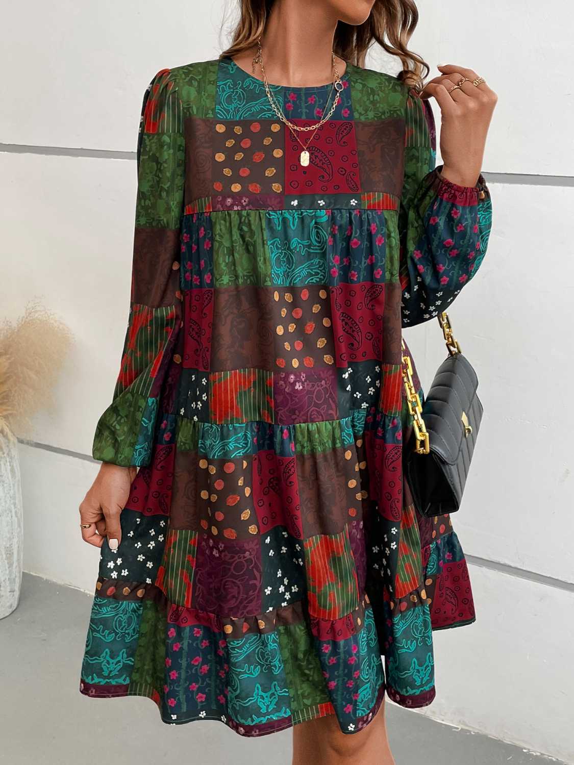 Patchwork Round Neck Long Sleeve Dress