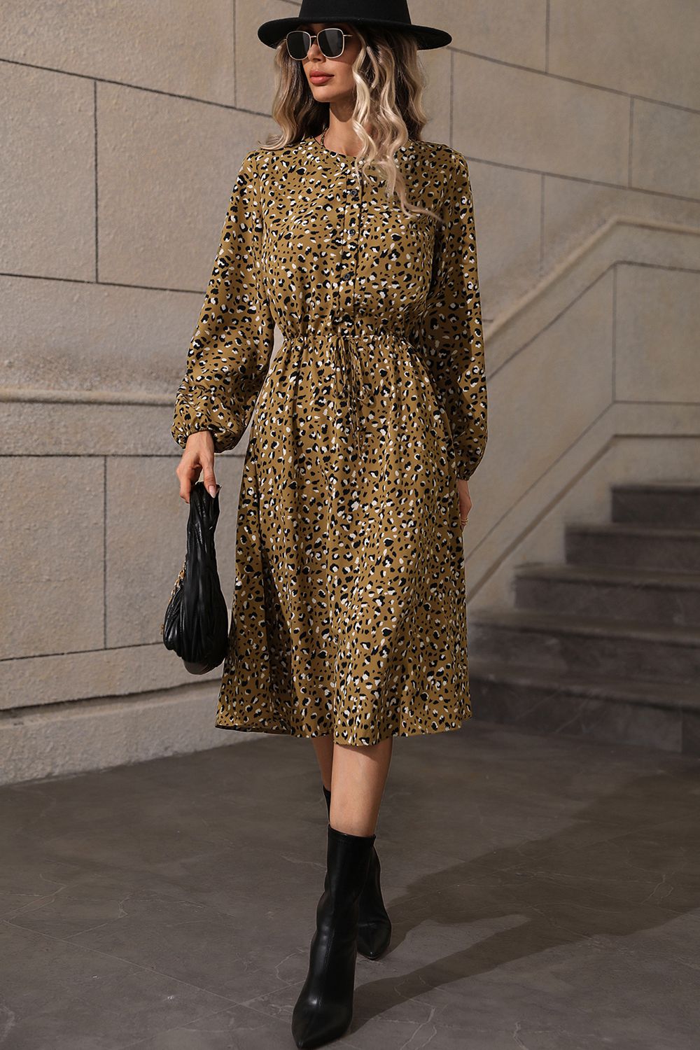 Honey Printed Long Sleeve Midi Dress