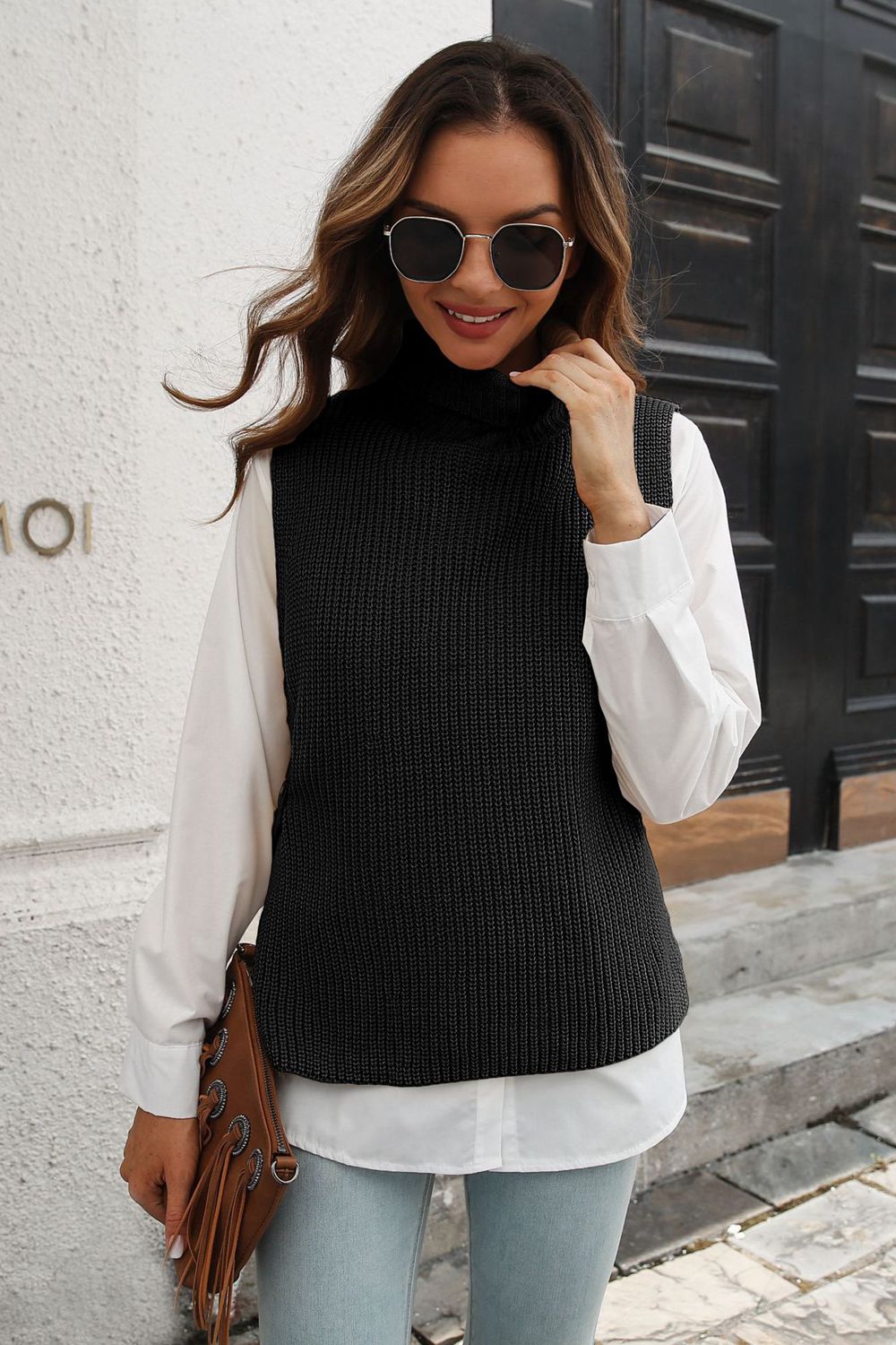 Ribbed Mock Neck Sleeveless Sweater Vest