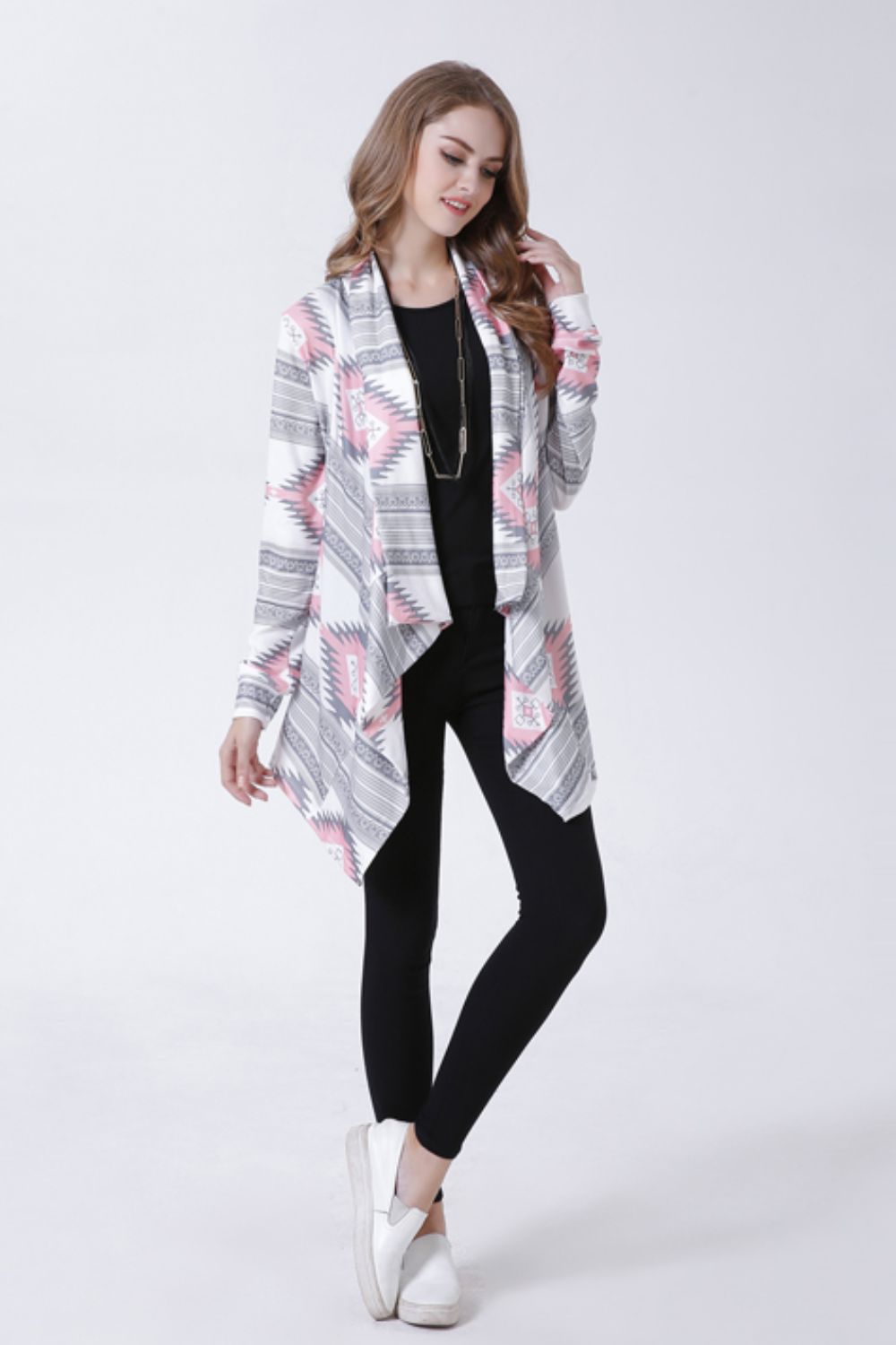 Geometric Open Front Handkerchief Hem Cardigan