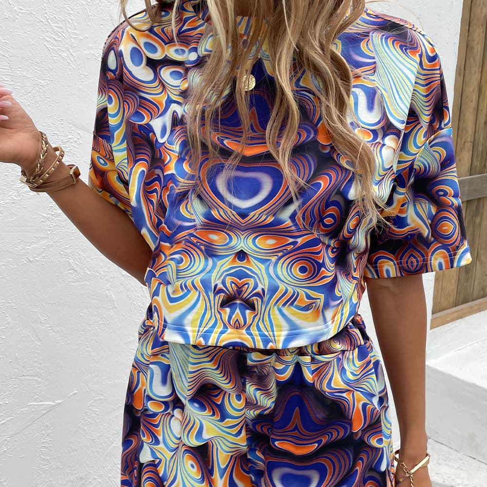 Shiny Printed Round Neck Dropped Shoulder Half Sleeve Top and Shorts Set