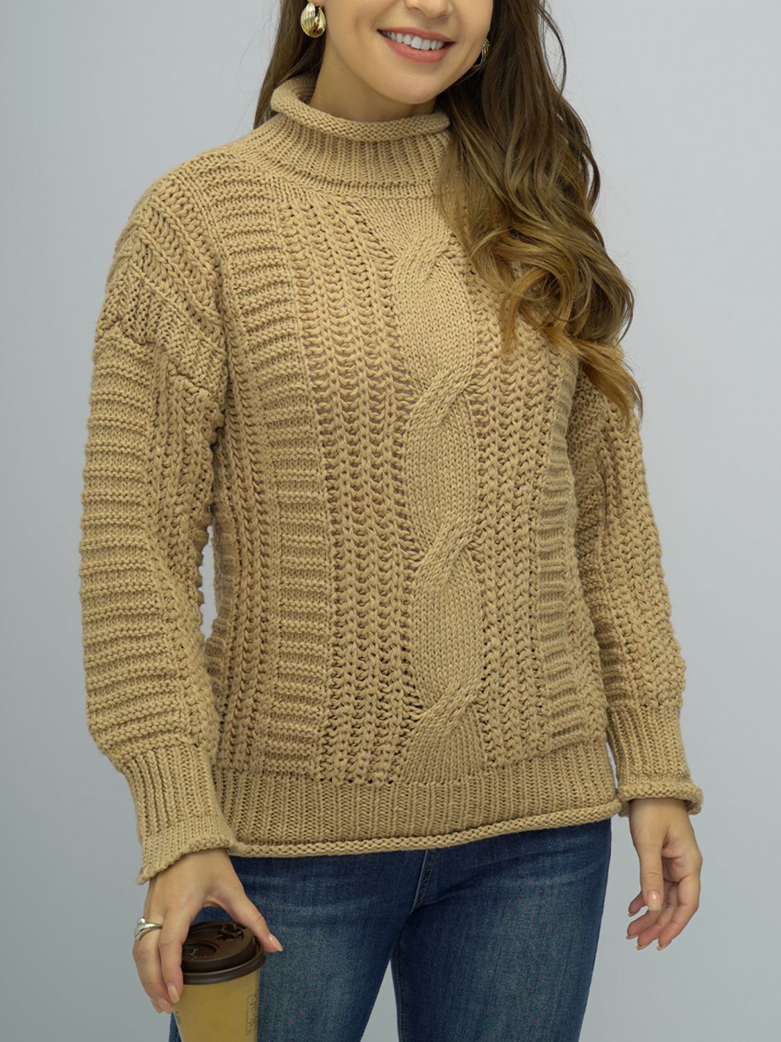 Shiny Cable-Knit Mock Neck Sweater