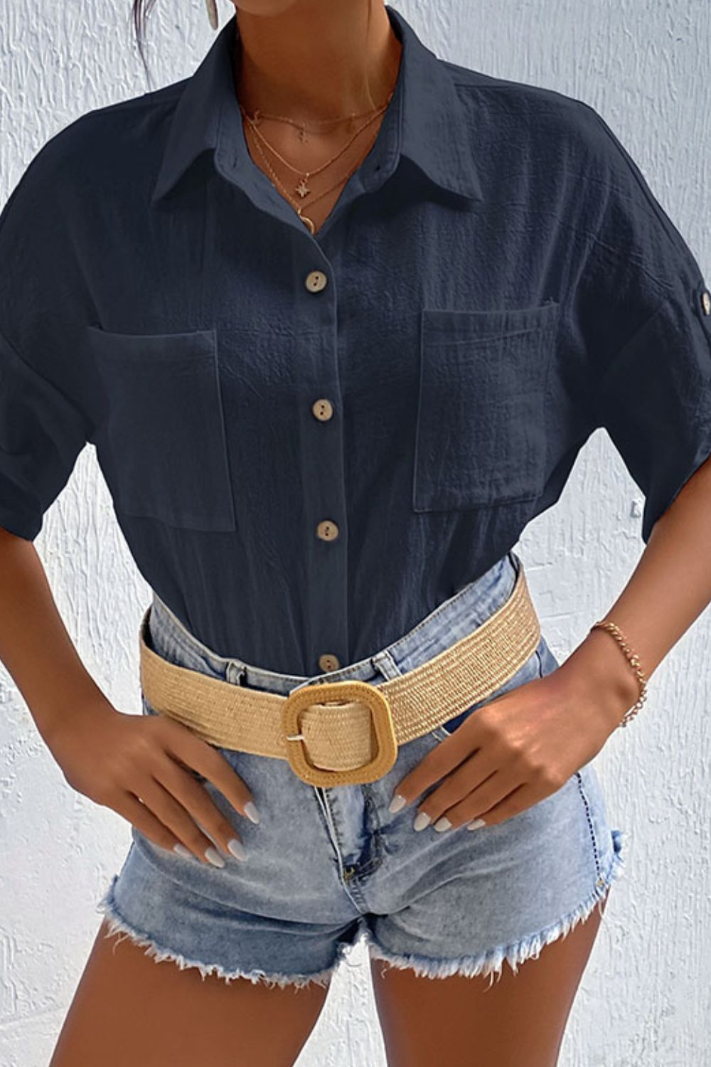 Perfee Roll-Tab Sleeve Shirt with Pockets