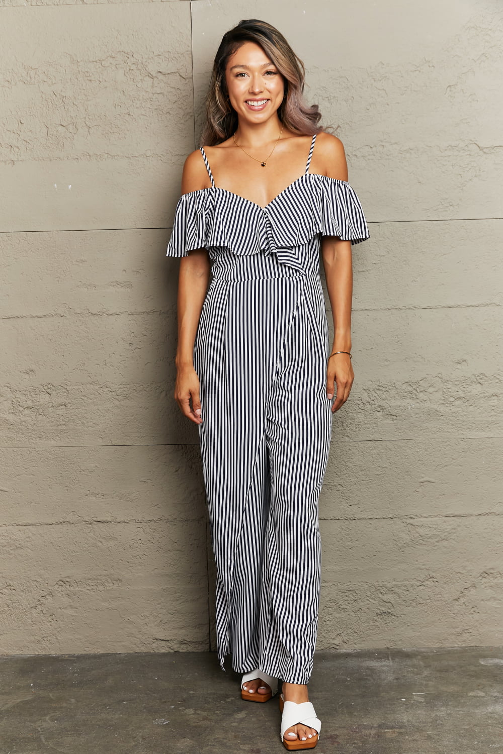 Perfee Striped Spaghetti Strap Cold-Shoulder Jumpsuit