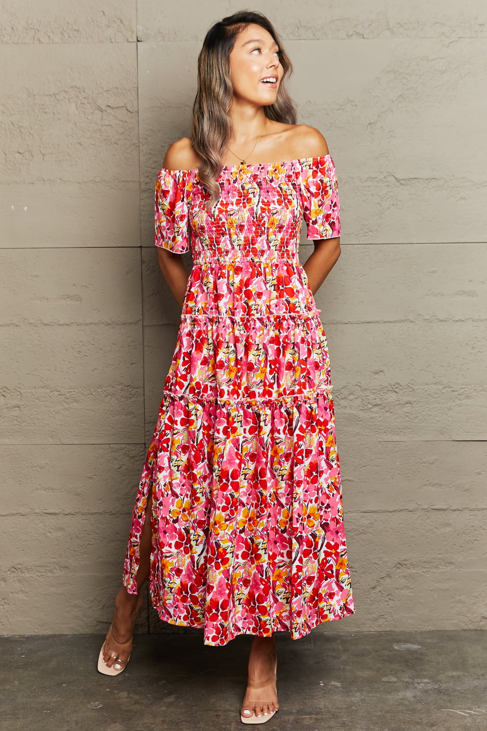 Perfee Floral Off-Shoulder Frill Trim Maxi Dress