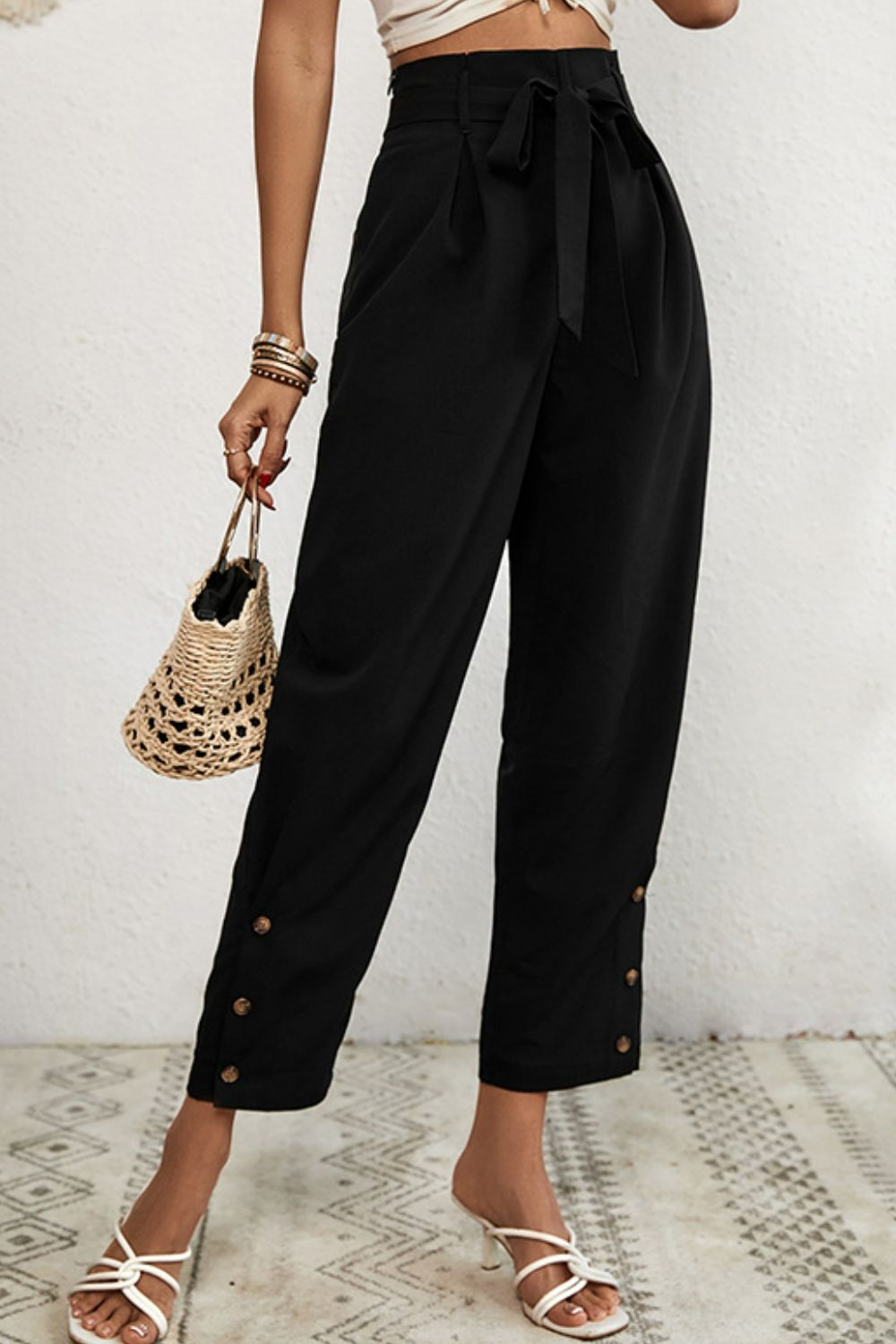 Perfee Buttoned Tie-Waist Cropped Pants