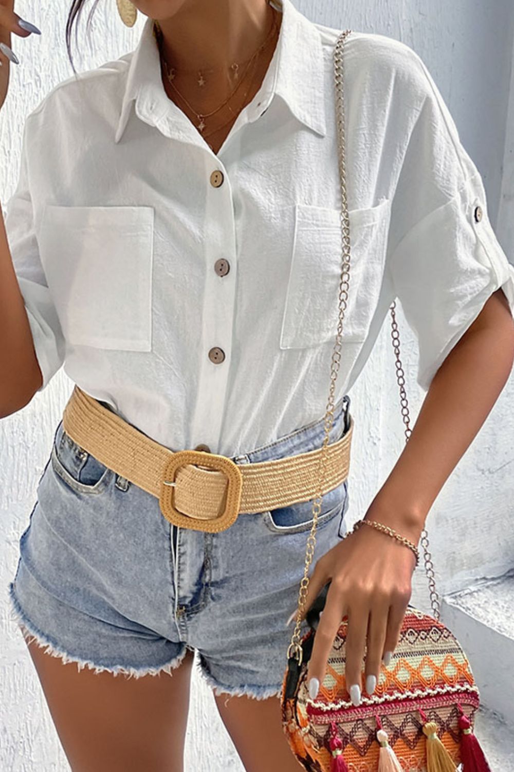 Perfee Roll-Tab Sleeve Shirt with Pockets