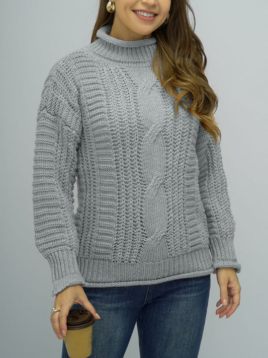 Shiny Cable-Knit Mock Neck Sweater