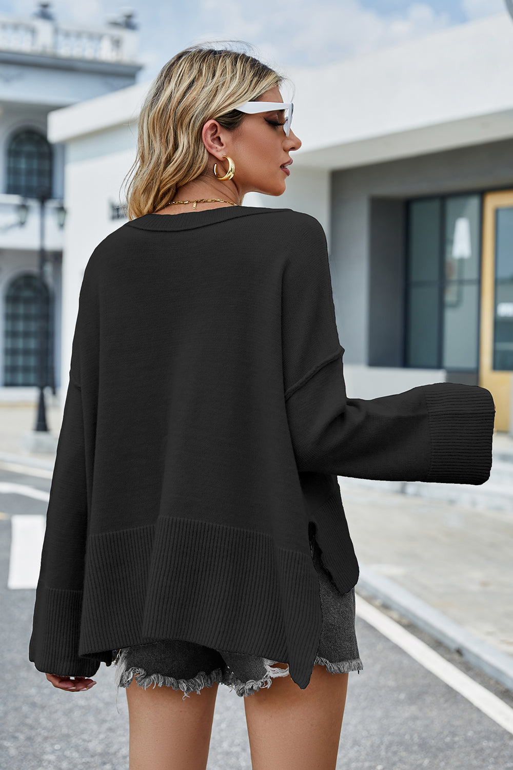 Round Neck Dropped Shoulder Slit Sweater