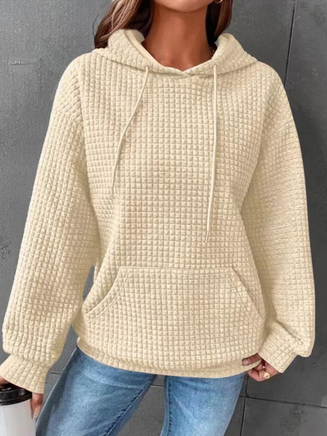 Textured Drawstring Drop Shoulder Hoodie