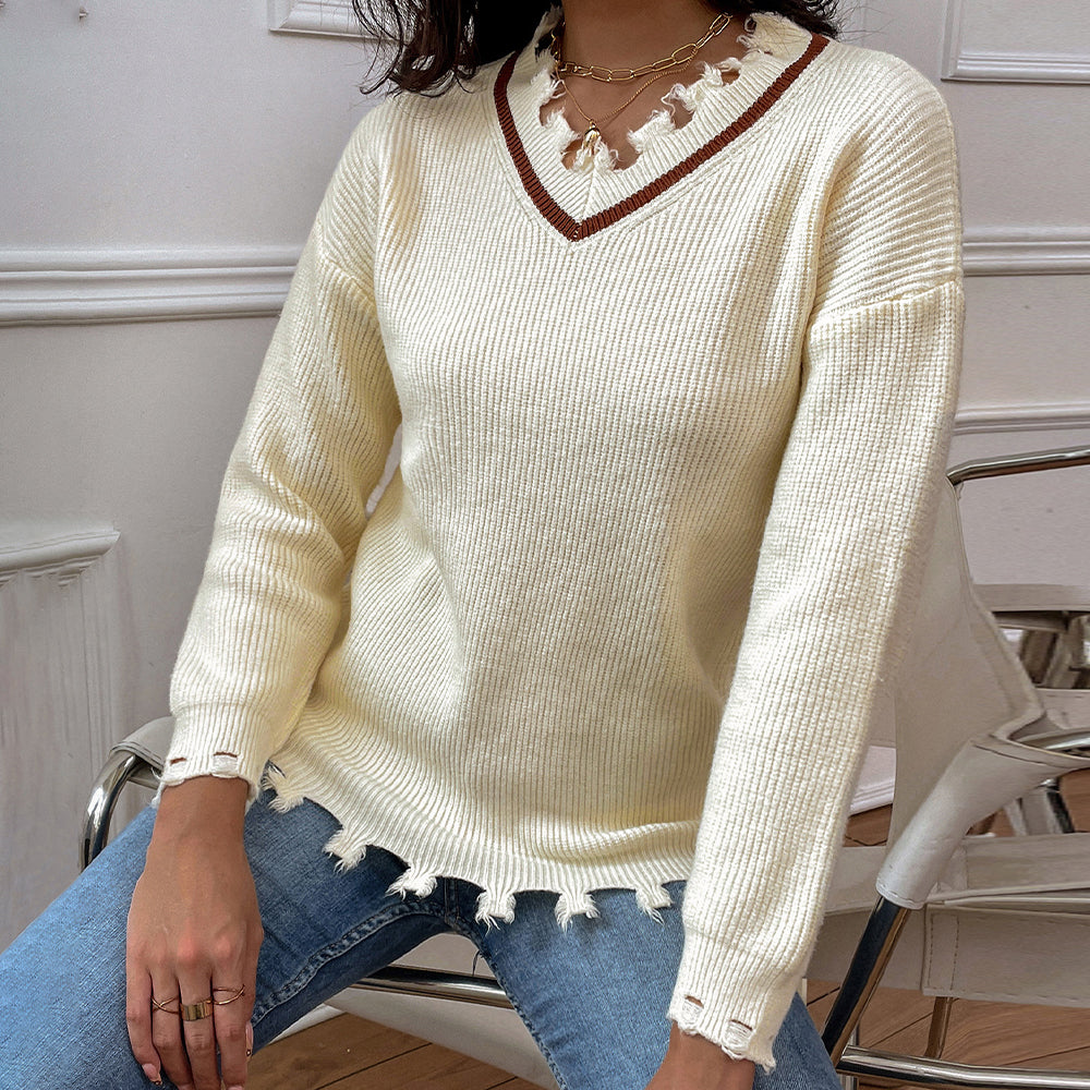 Shiny Frayed Detail V-Neck Sweater