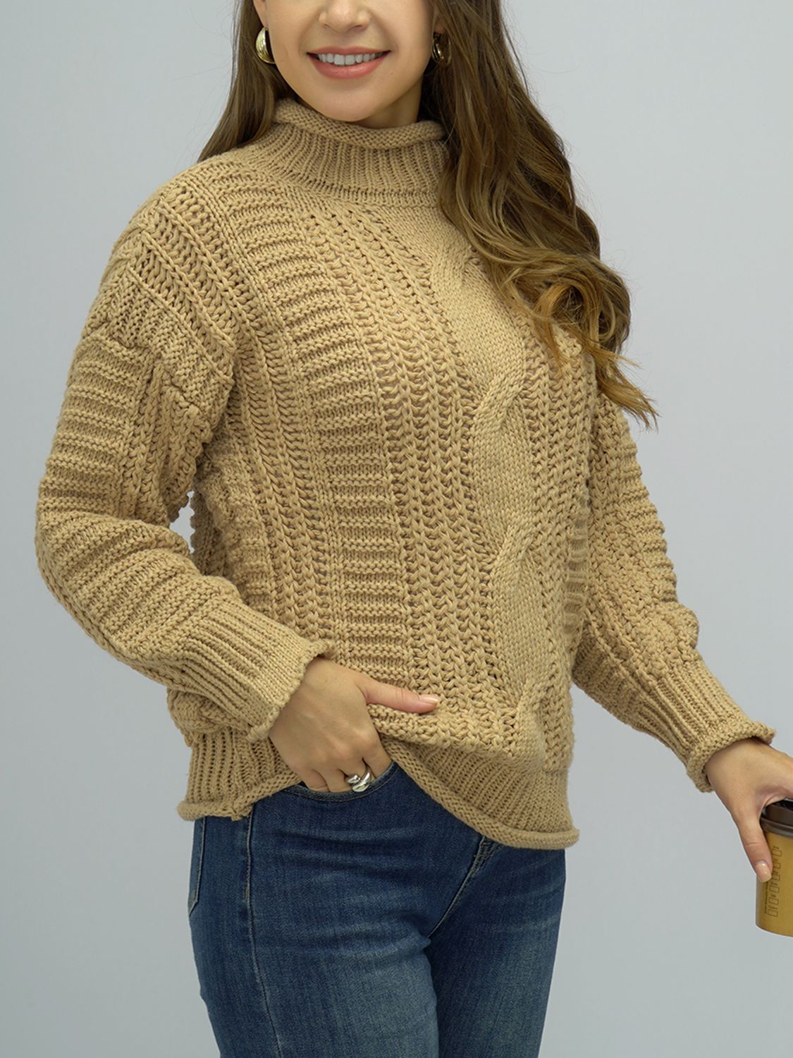 Shiny Cable-Knit Mock Neck Sweater