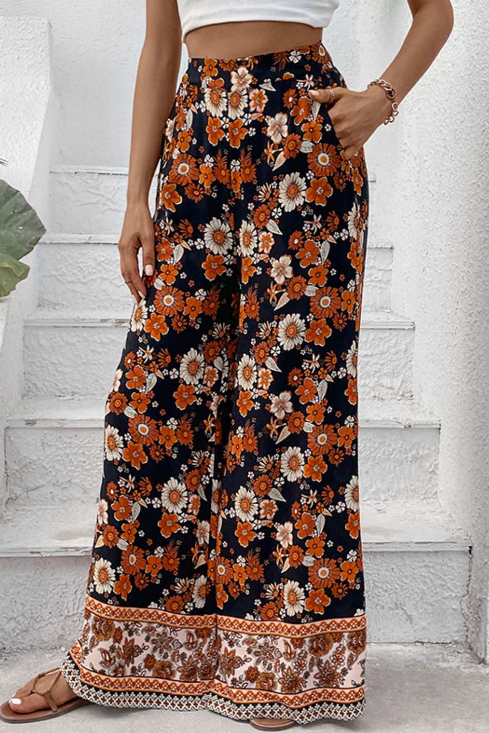 Perfee Floral Wide Leg Pants with Pockets