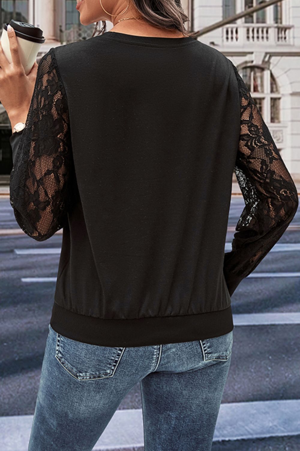 Perfee Round Neck Lace Trim Long Sleeve Sweatshirt