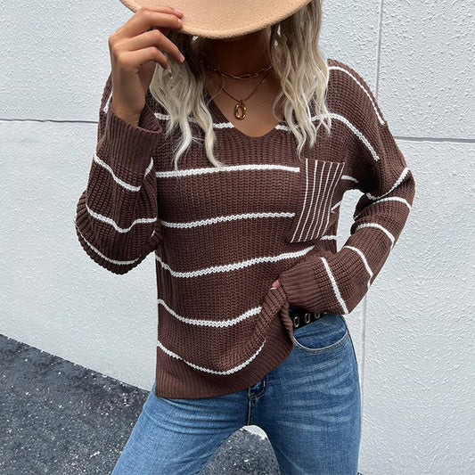 Perfee Striped V-Neck Slit Dropped Shoulder Sweater