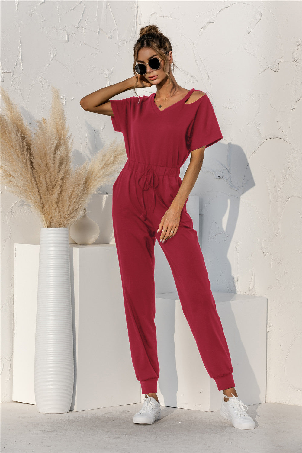 Cut Out V-neck Drawstring Jumpsuit