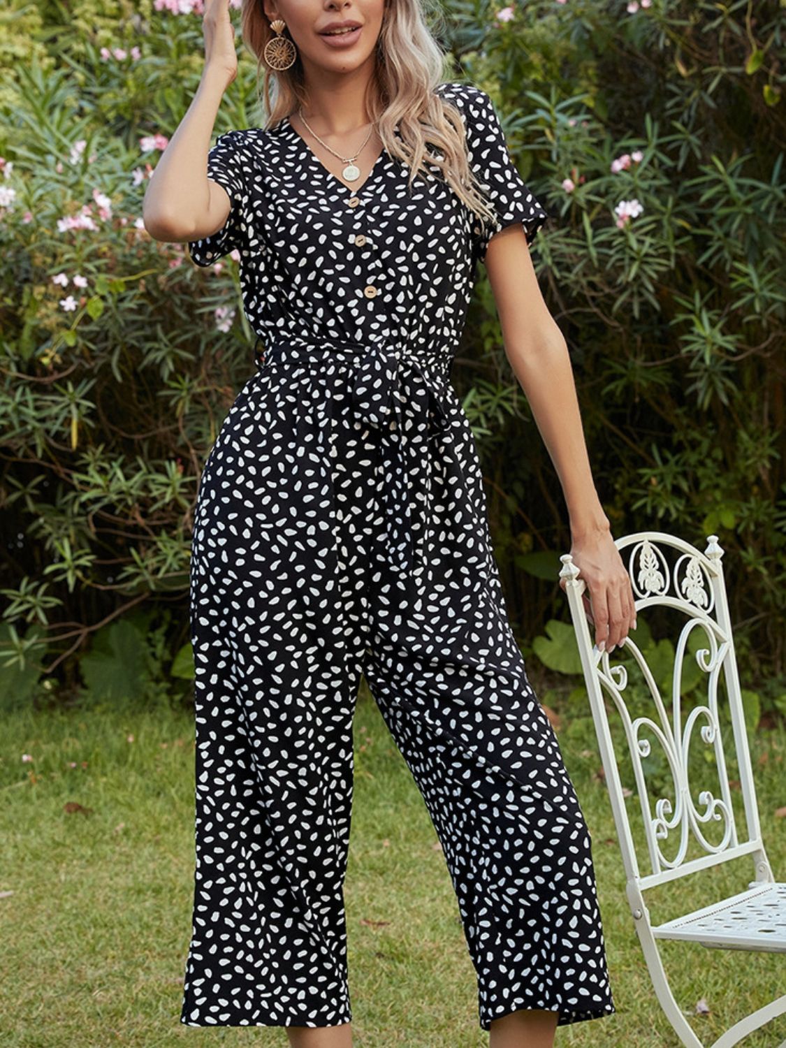 Ivy Lane Printed V-Neck Short Sleeve Jumpsuit