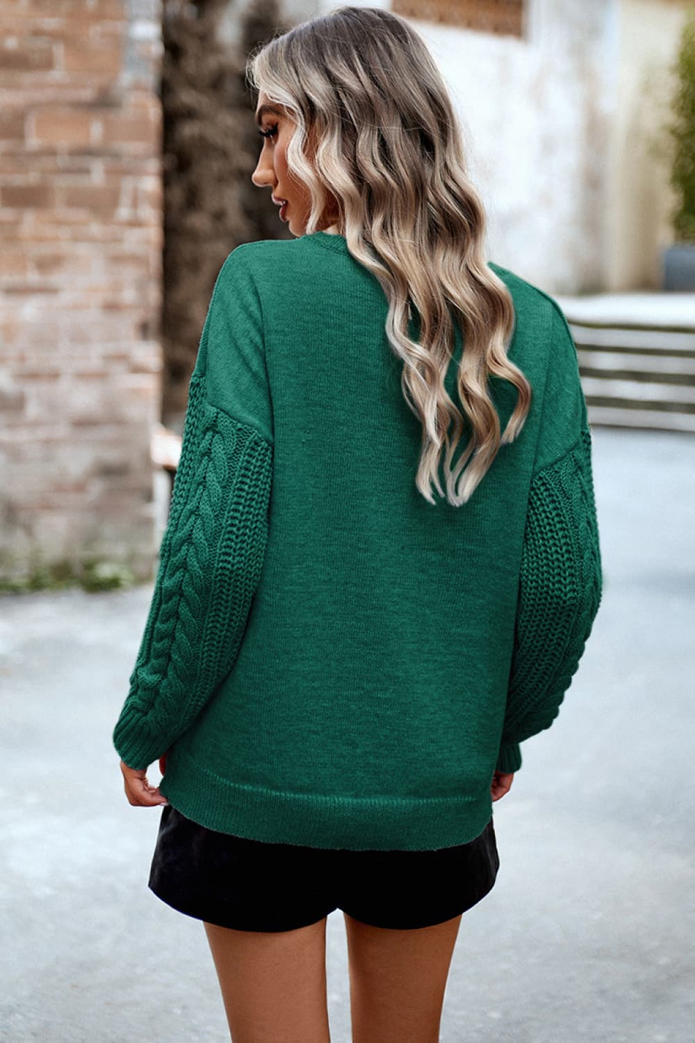 Devine Cable-Knit Round Neck Drop Shoulder Sweater