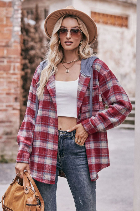 Mandy Plaid Dropped Shoulder Hooded Longline Jacket