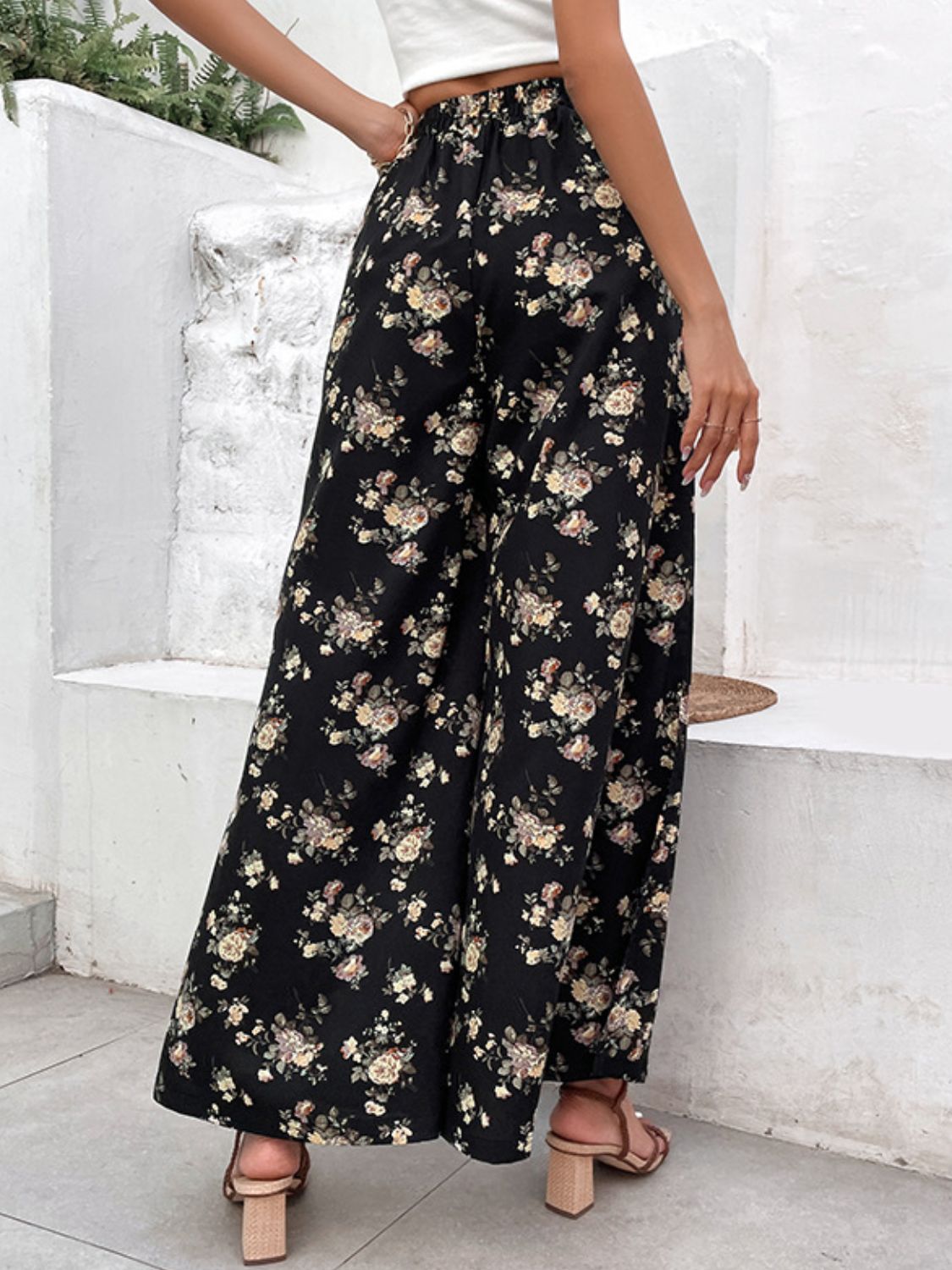 Perfee Floral Side Slit Wide Leg Pants