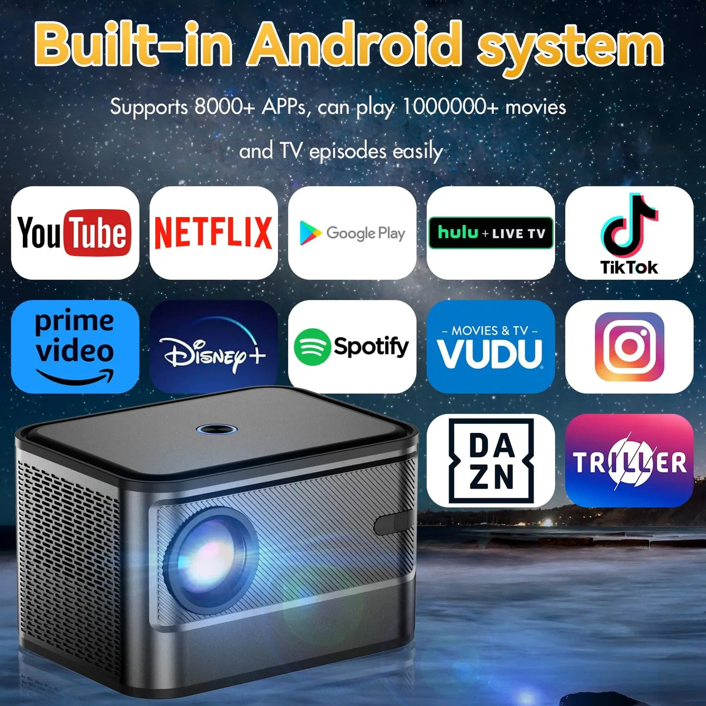 YERSIDA A40-C Portable Projector Support Android /IOS Projection Screen HD 1080P 4K Home Smart TV 6500 Lumen 1080*720P Projector