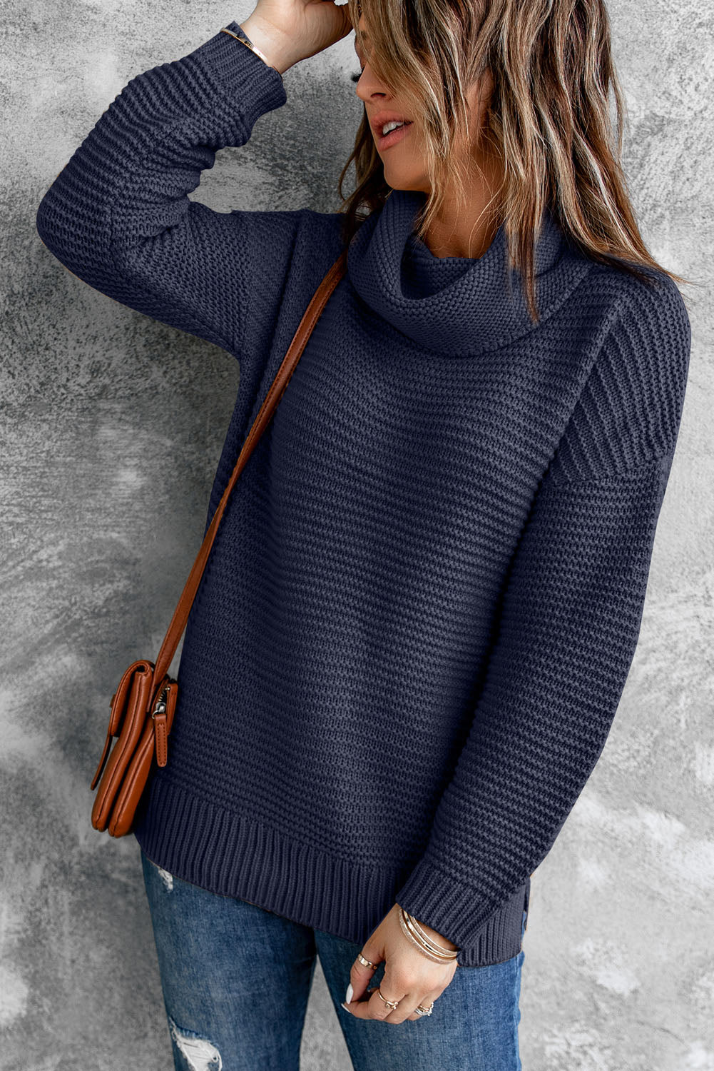 Horizontal Ribbing Turtleneck Sweater