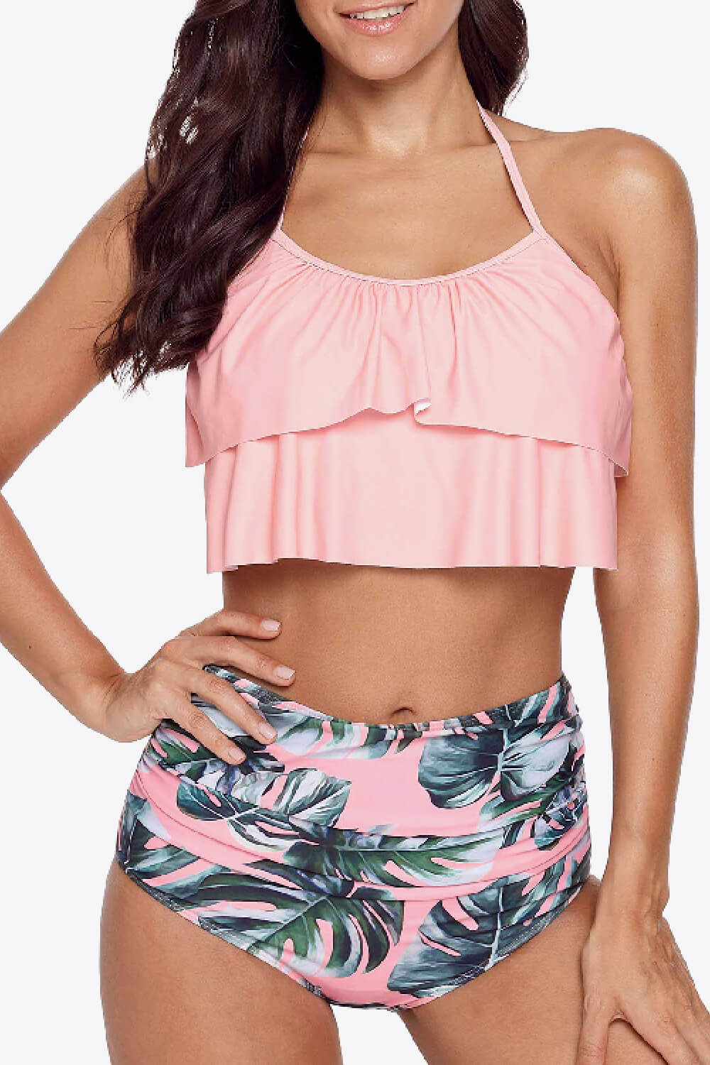 Halter Neck Tie Back Crop Swim Top and Botanical Print Swim Bottoms Set