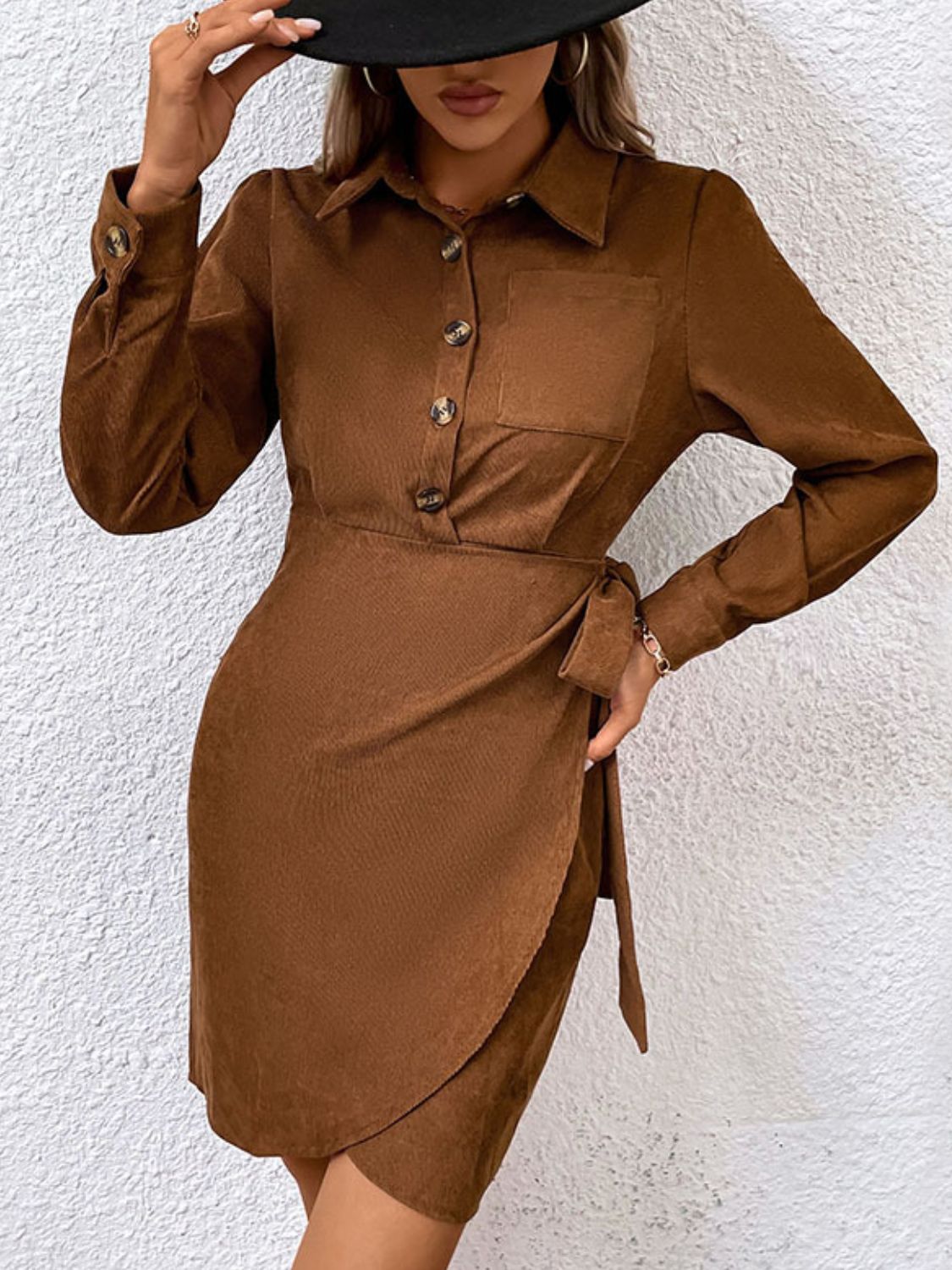 Perfee Button-Down Collared Neck Long Sleeve Side Tie Dress