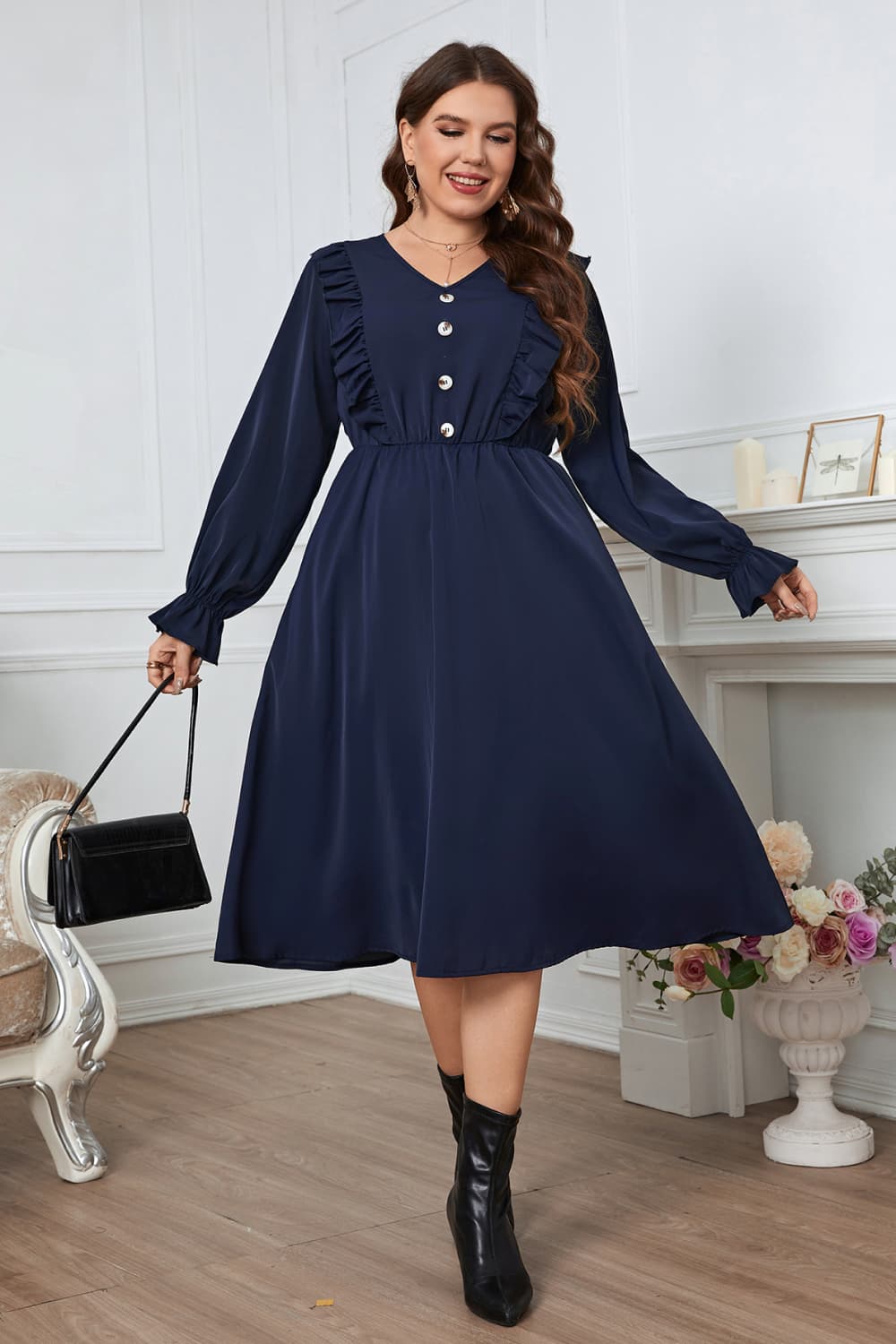 Honey Melo Apparel Plus Size V-Neck Buttoned Flounce Sleeve Dress