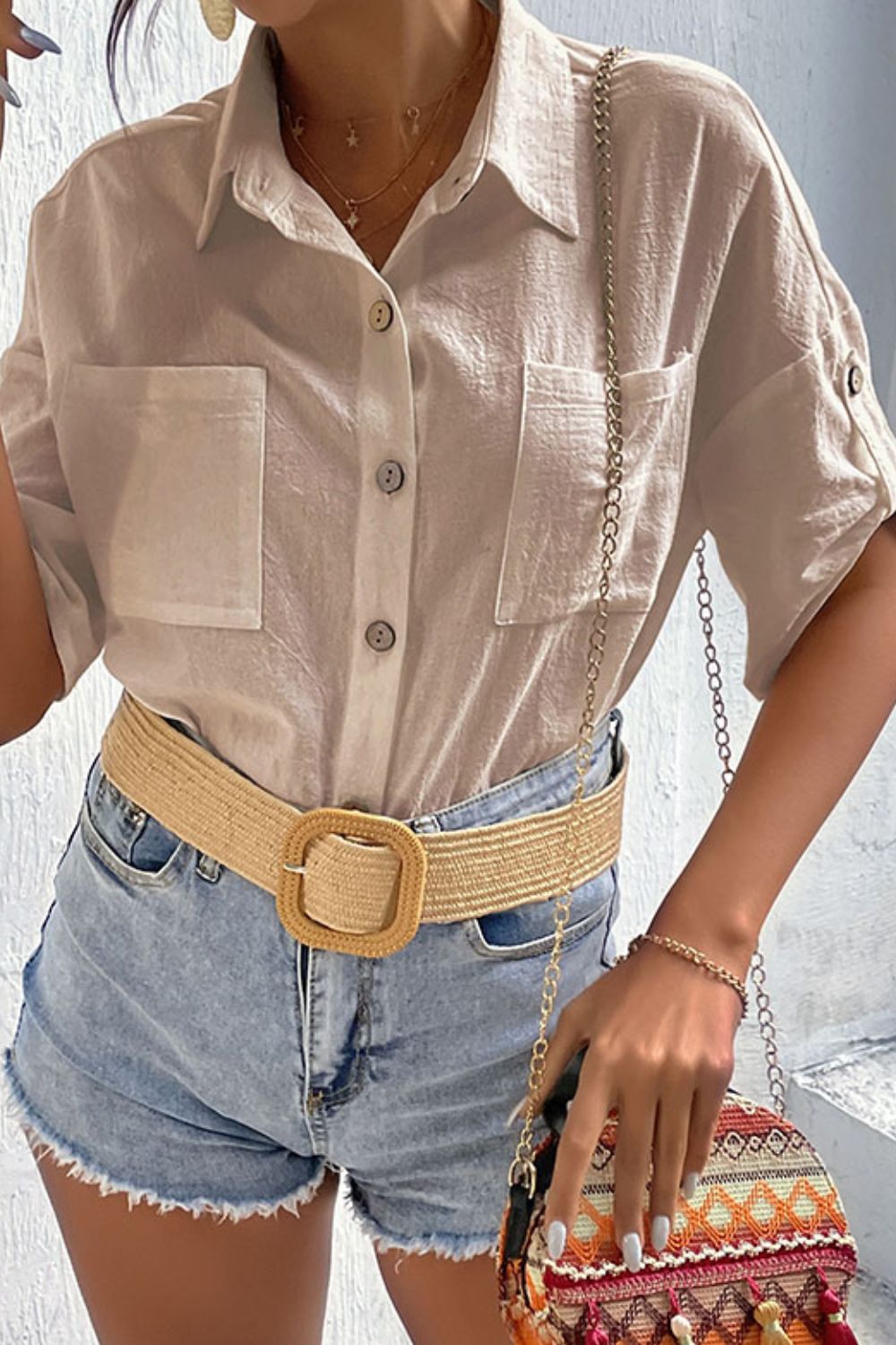 Perfee Roll-Tab Sleeve Shirt with Pockets