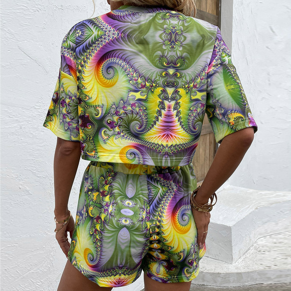 Shiny Printed Round Neck Dropped Shoulder Half Sleeve Top and Shorts Set