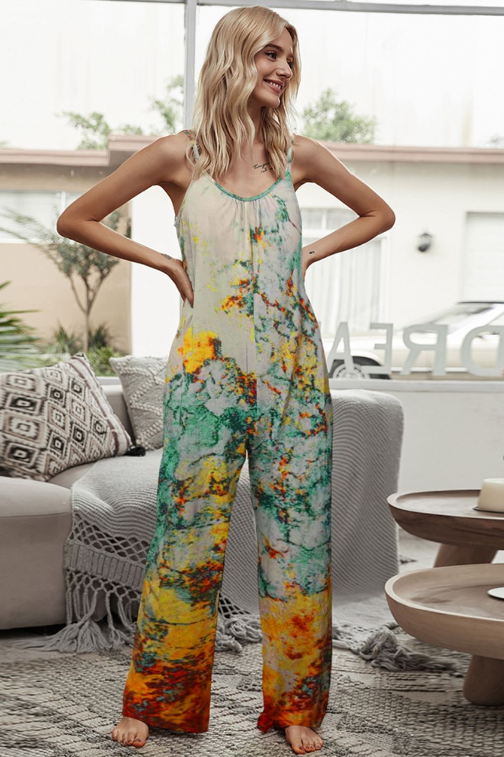 Shiny Tie-Dye Spaghetti Strap Jumpsuit with Pockets