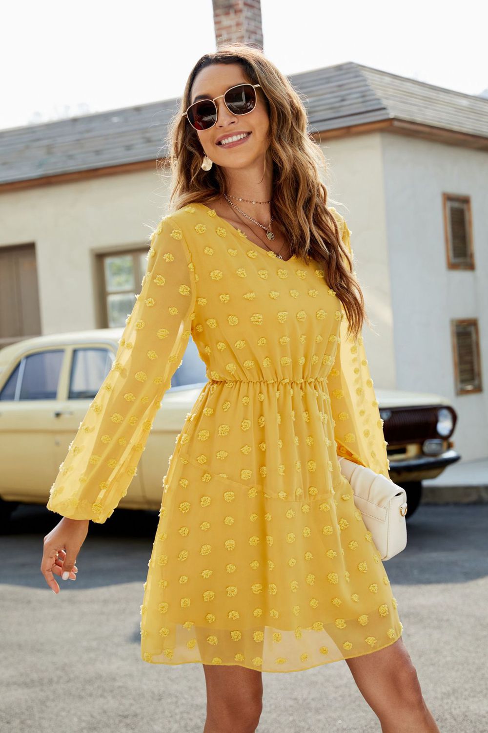 Swiss Dot V-Neck Lantern Sleeve Mini Dress