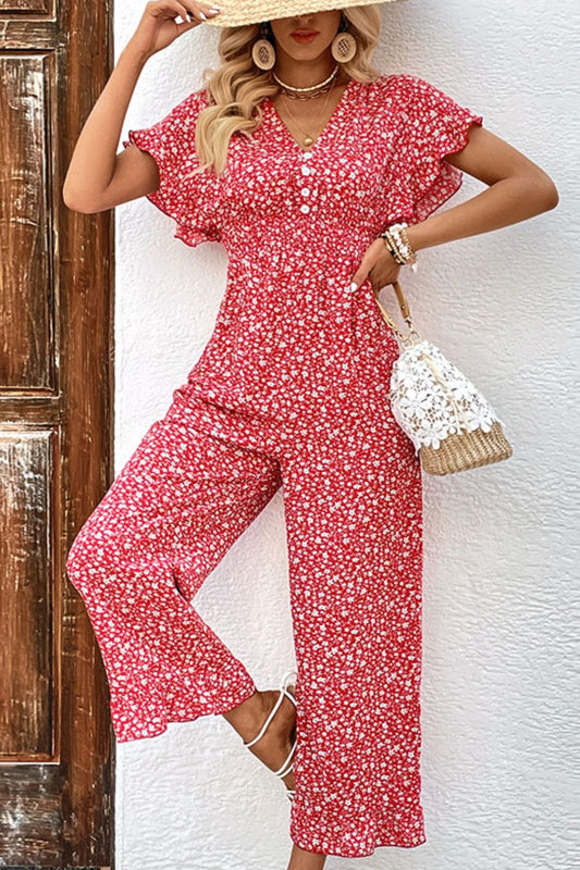 Perfee Printed Tie Back Ruffled Jumpsuit