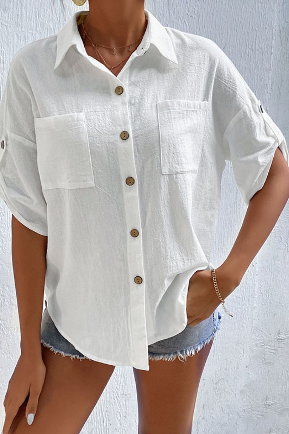 Perfee Roll-Tab Sleeve Shirt with Pockets