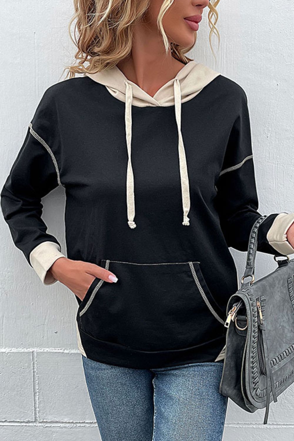 Perfee Contrast Drawstring Detail Drop Shoulder Hoodie