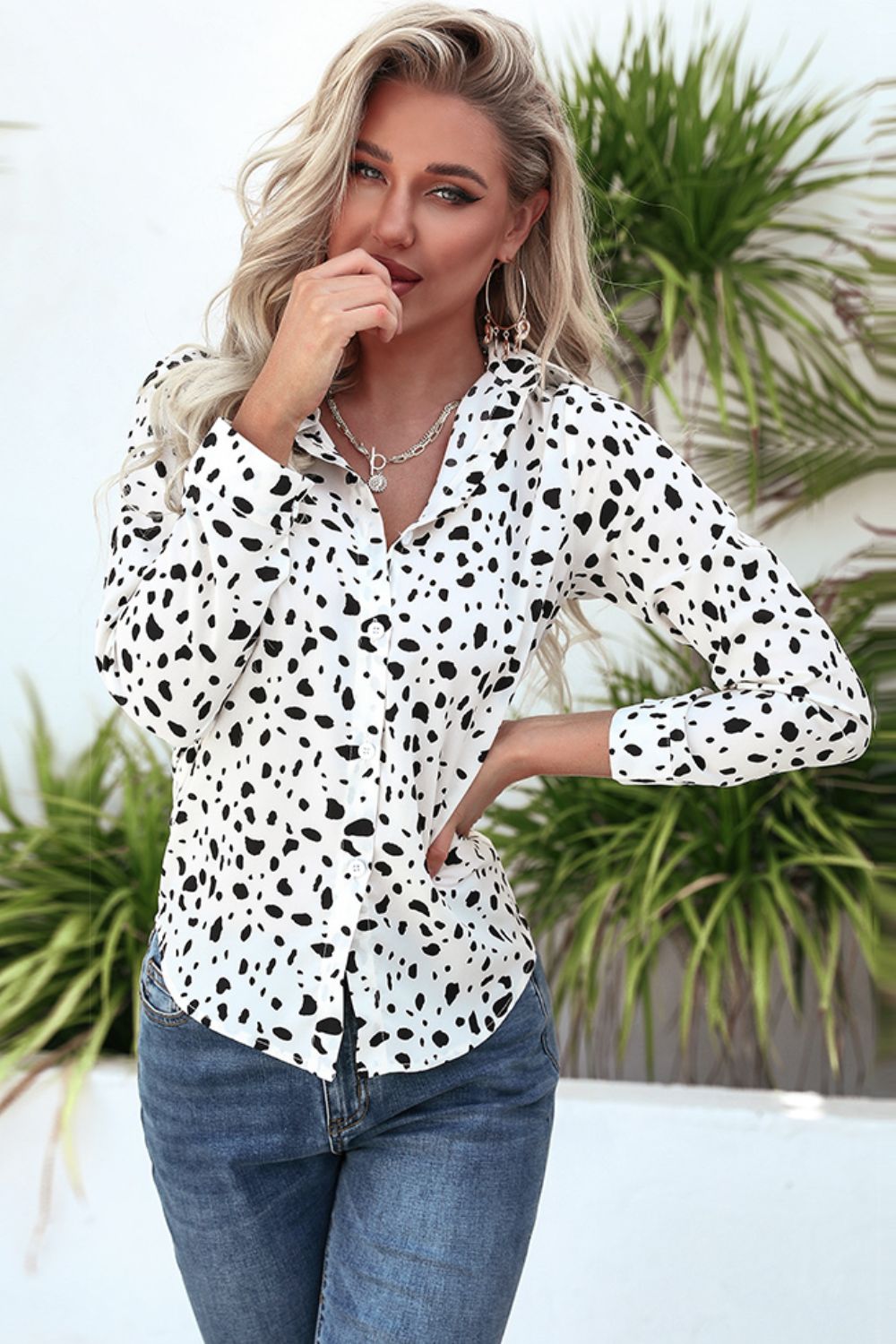 Animal Print Curved Hem Button-Up Shirt