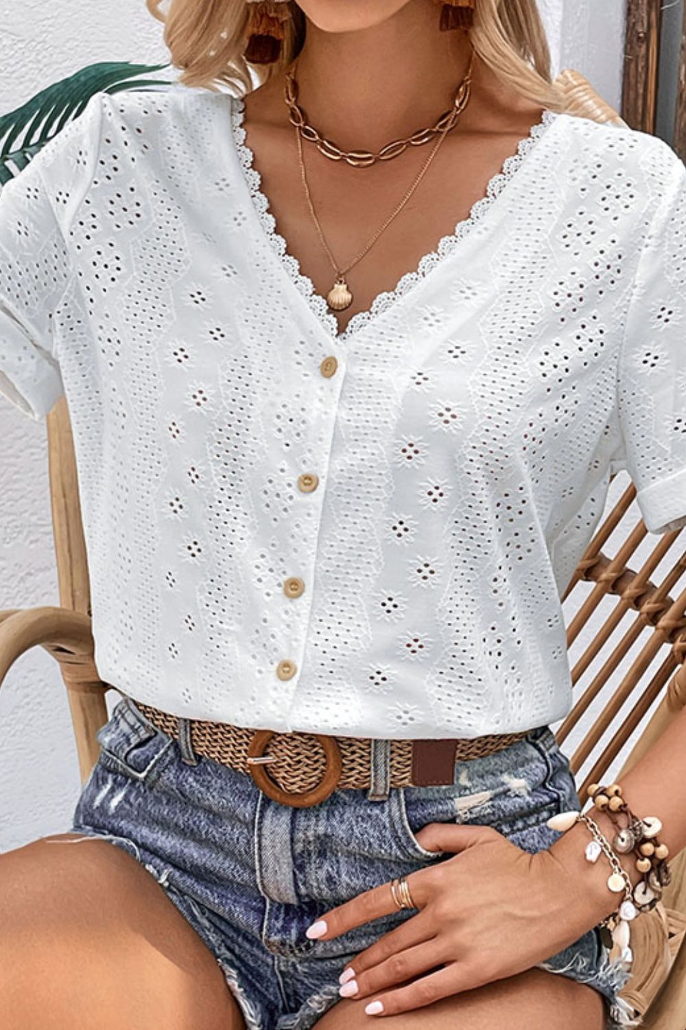 Perfee Eyelet Short Sleeve Double-Sided Shirt