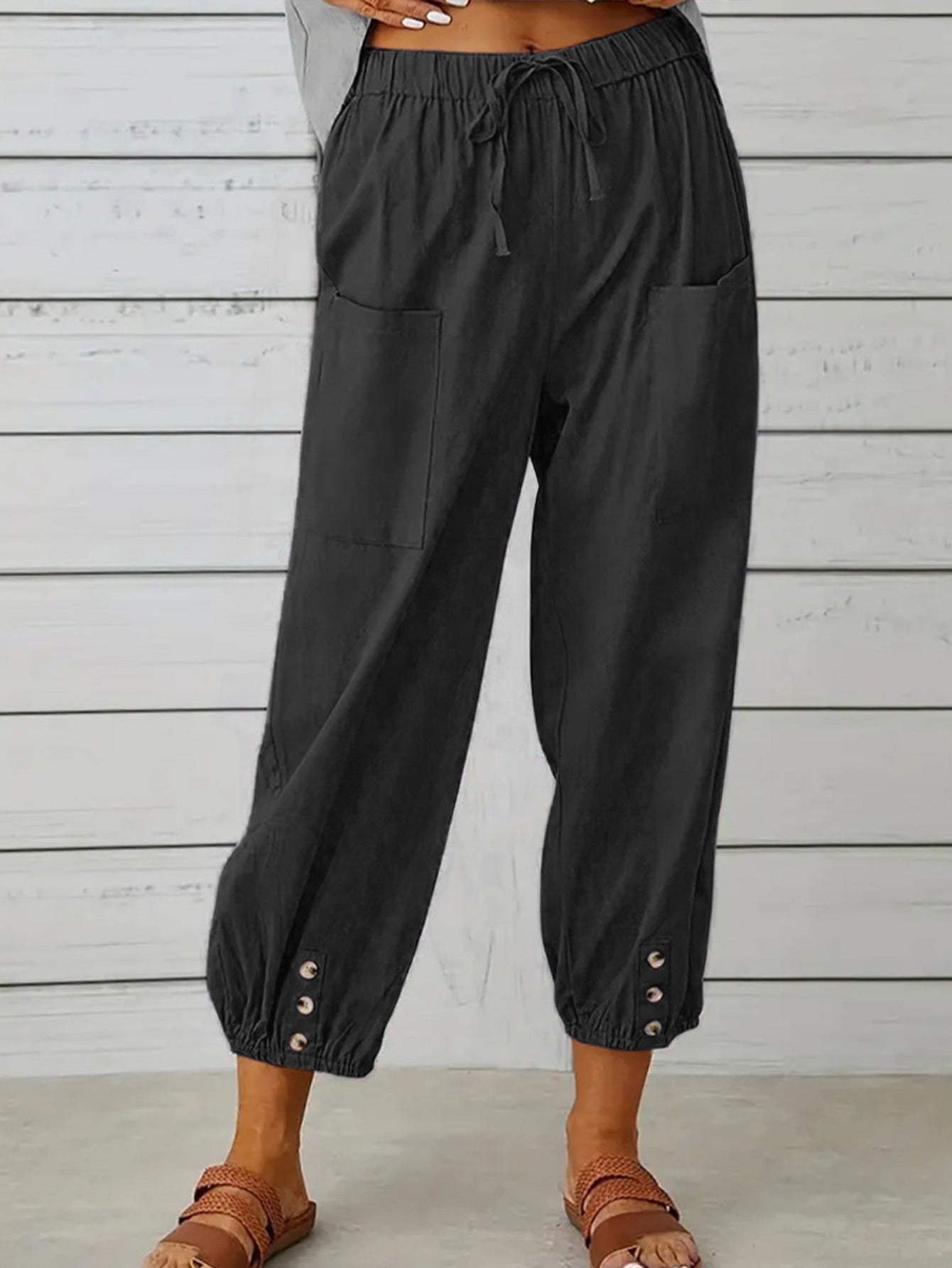 Shiny Decorative Button Cropped Pants