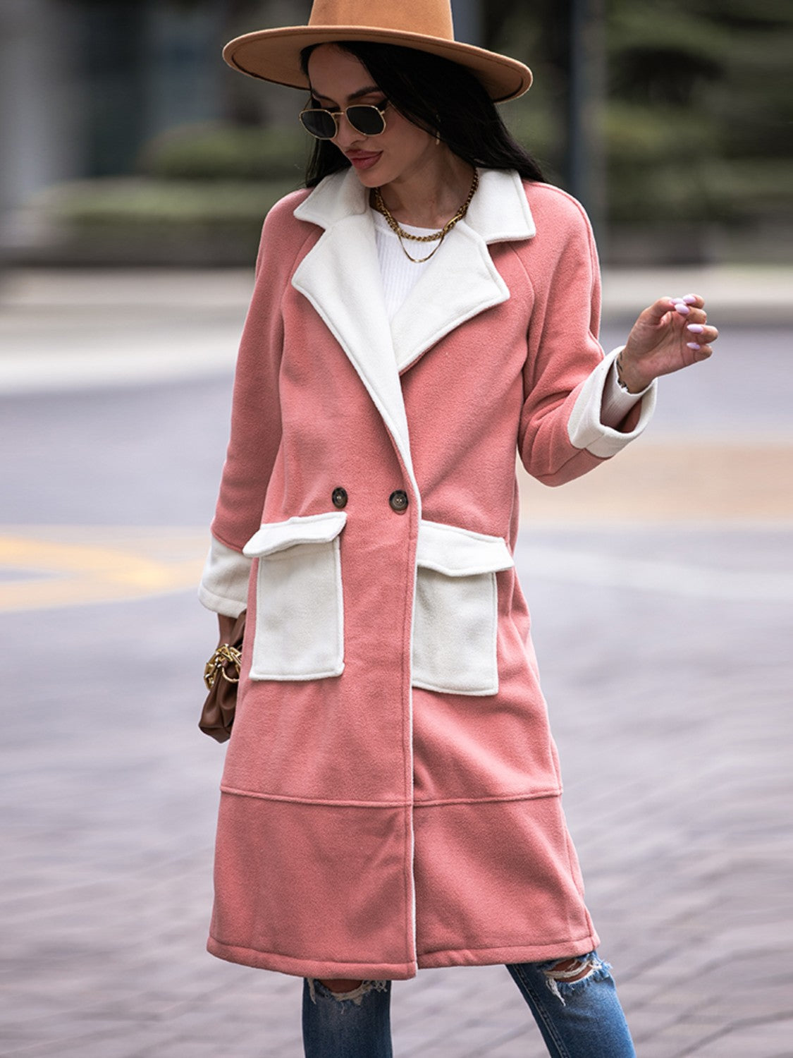 Shiny Contrast Lapel Collar Coat with Pockets