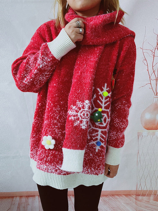 Christmas Element Round Neck Sweater and Scarf Set