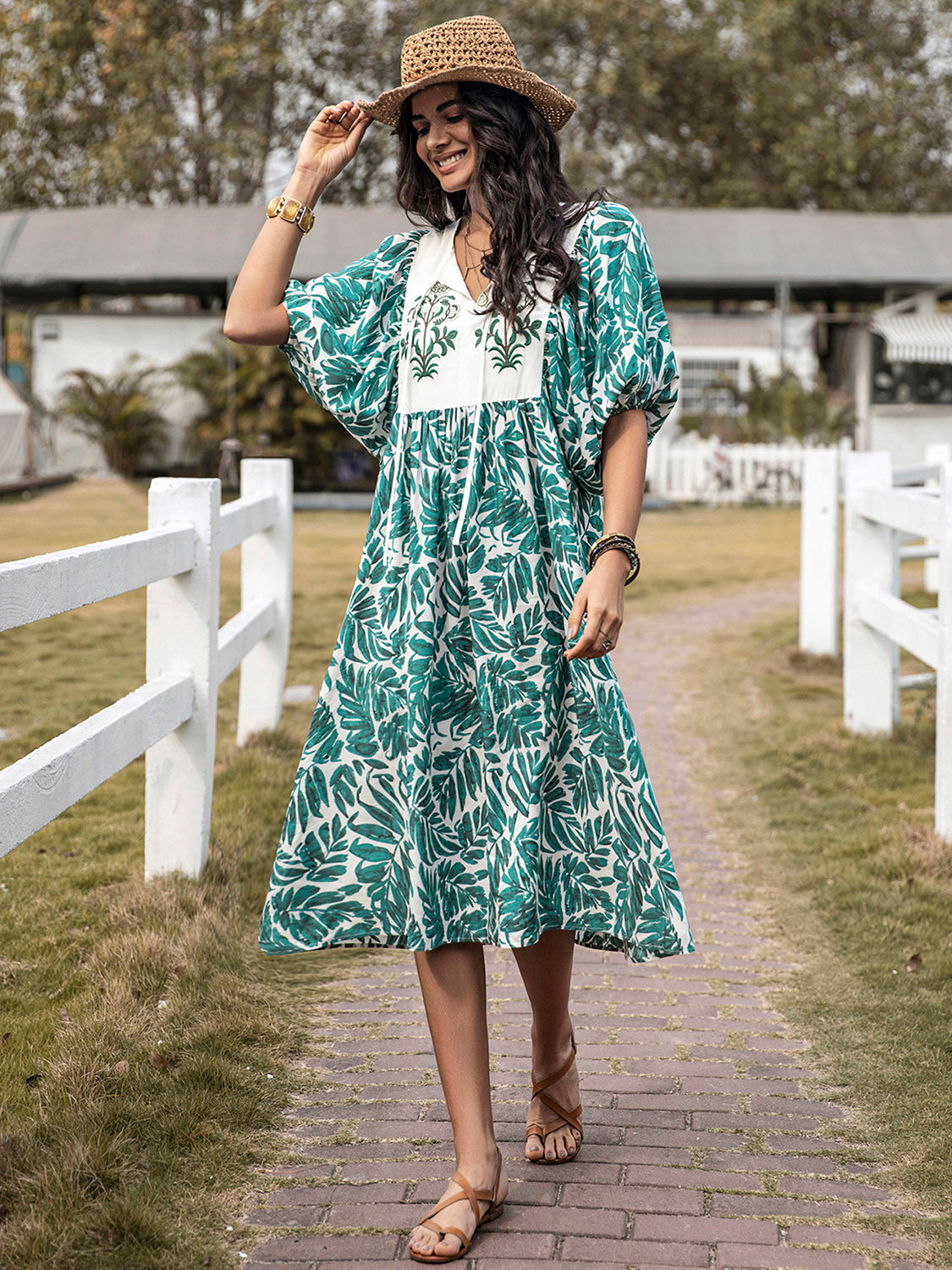 Printed Tie Neck Short Sleeve Midi Dress