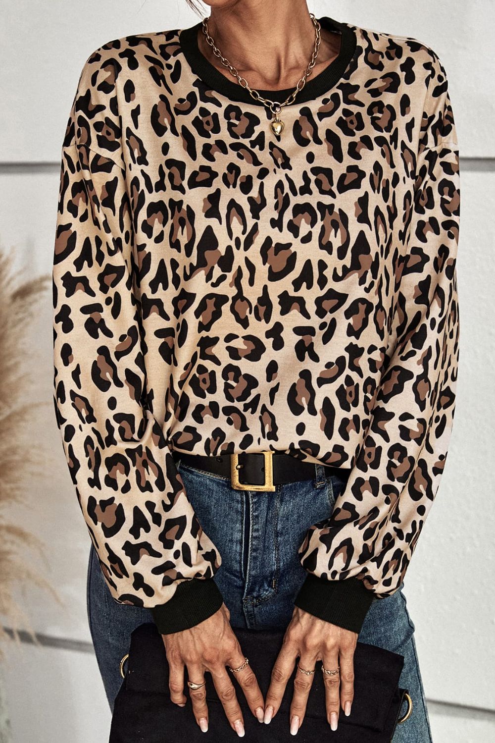 Leopard Round Neck Dropped Shoulder Sweatshirt