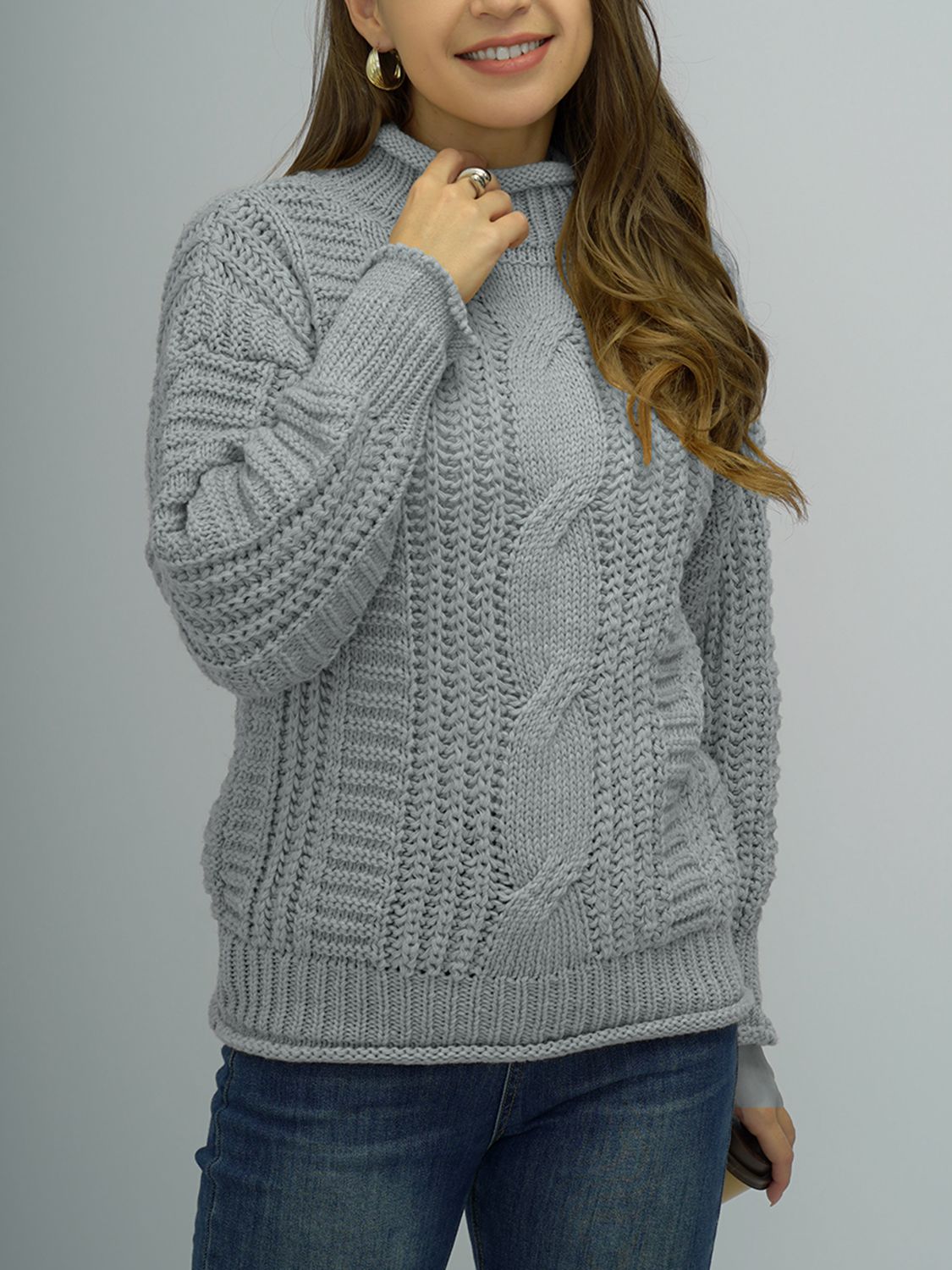 Shiny Cable-Knit Mock Neck Sweater